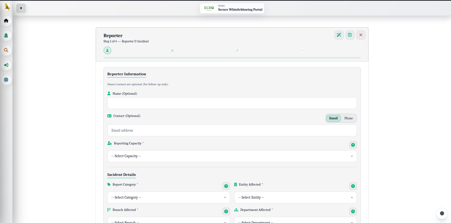 Echo Whistleblowing desktop view